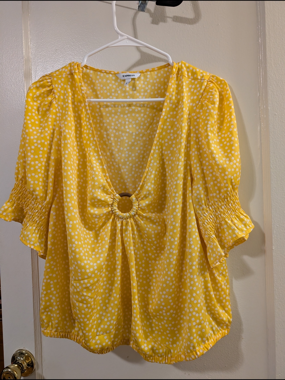 Express Yellow White Polka Dot Ring-Front V-Neck Blouse